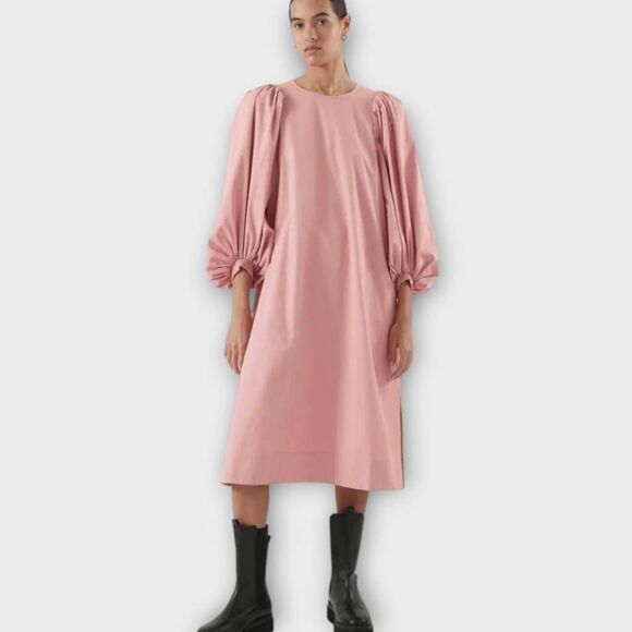 COS Womens Dress Sz 14 Pedal Pink Cotton Sateen Puffy Sleeves Keyhole Cottagecor - Picture 1 of 15